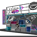 Cyber Tech Exhibition Display With Astronaut Rocket Neon Lights And Grid Background 3d model