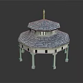 Classic Two Tiered Pavilion With Blue Tiled Roof White Pillars And Spire On Top