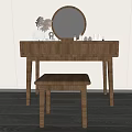 Modern Wooden Dressing Table With Round Mirror Stool Cosmetics And Decorative Items 3d model