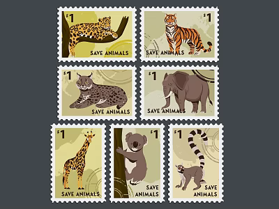 Vintage Animal Stamps Collection Featuring Leopard Tiger Elephant And Save Animals Slogan 3d model