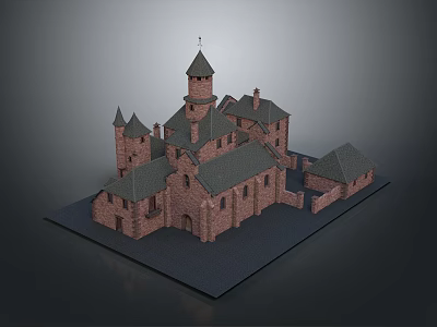 Gothic Style Ancient Architecture Model With Spire Towers Stone Walls And Multiple Roofs 3d model