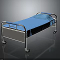 White Frame Hospital Bed With Blue Mattress Armrests And Movable Wheels