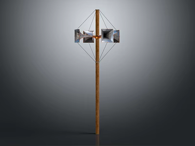 Cross Shaped Audio Speaker Structure With Central Unit And Four Screens On Wooden Pole 3d model