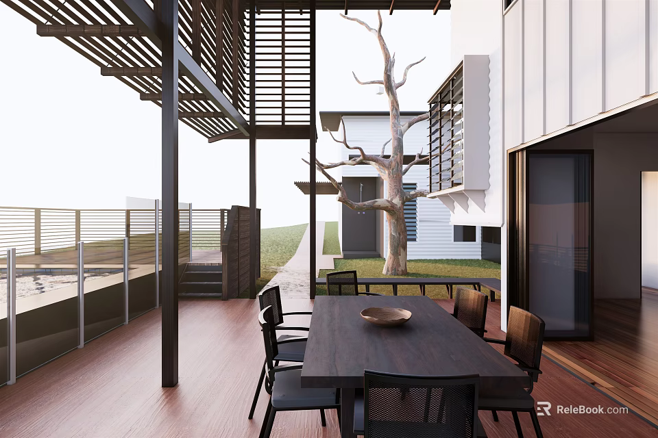 Courtyard Garden Featuring Wooden Flooring Long Dining Table Chairs Tree And Shade Pergola 3d model 