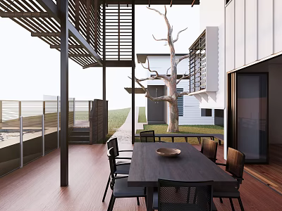 Courtyard Garden Featuring Wooden Flooring Long Dining Table Chairs Tree And Shade Pergola 3d model