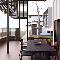 Courtyard Garden Featuring Wooden Flooring Long Dining Table Chairs Tree And Shade Pergola