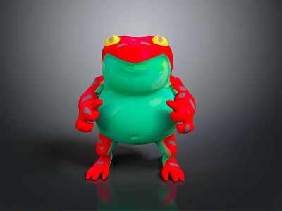 Cartoon Frog 3D Model in Standing Pose with Red Green Body and Yellow Eyes 3d model