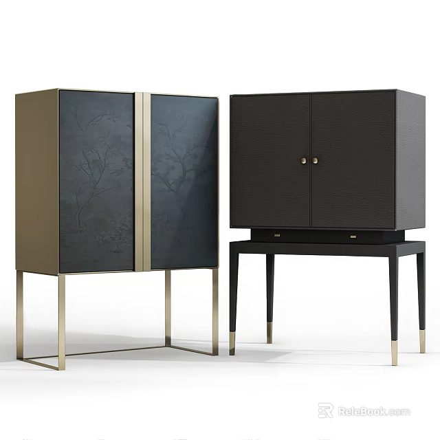 Modern Entryway And Side Cabinet Black Finish Gold Accents Metal Legs Storage Doors 3d model 