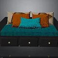 Stylish Sofa Bed With Colorful Cushions Blue Mattress Black Frame And Gold Knob Drawers