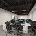 Modern Office Corridor With Blue Flooring Glass Walls White Doors Red Ceiling And Lighting Strips