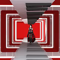 Event Passage With Red And White Rectangular Frames And Woman In Black Outfit