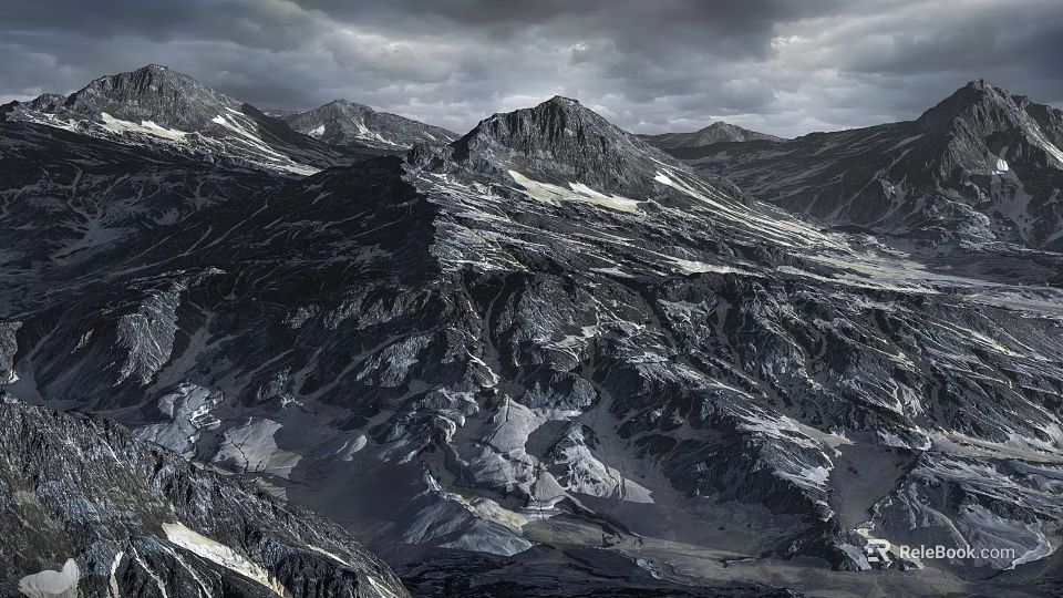 Majestic Mountain Landscape With Rocky Peaks And Snow Under Cloudy Sky 3d model 