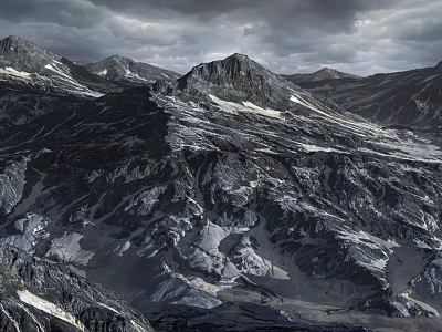 Majestic Mountain Landscape With Rocky Peaks And Snow Under Cloudy Sky 3d model