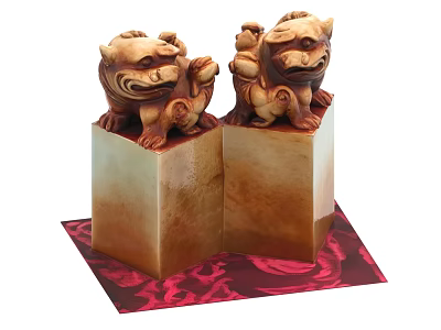 Stone Lions Sculptures On Square Pedestals With Red Floral Mat Base 3d model
