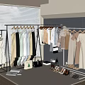 Clothing Rack with Hanging Dresses Coats Shoes and Bags in Modern Indoor Space
