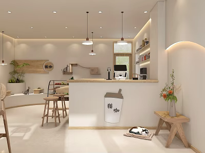 Modern Café Interior With Wooden Counter Hanging Lights And Cozy Seating Area 3d model