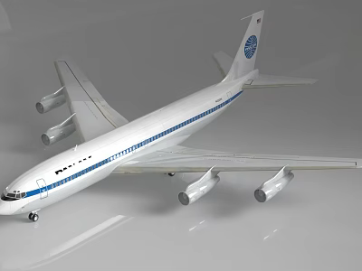 White Passenger Airplane Exterior Design With Blue Stripe Four Engines And Tail Logo 3d model
