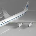 White Passenger Airplane Exterior Design With Blue Stripe Four Engines And Tail Logo