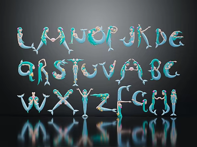 Colorful Human Figure Characters In Dancer Poses Forming Alphabet Letters On Dark Background With Reflections 3d model