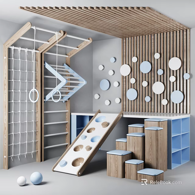 Indoor Play Equipment With Climbing Net Slide Wooden Steps And Circular Wall Decorations 3d model 