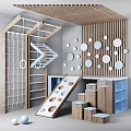 Indoor Play Equipment With Climbing Net Slide Wooden Steps And Circular Wall Decorations