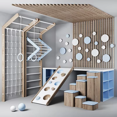 Indoor Play Equipment With Climbing Net Slide Wooden Steps And Circular Wall Decorations 3d model
