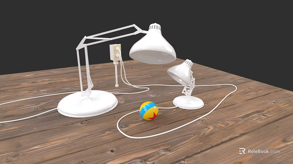 White Table Lamps Placed On Wooden Table With Colorful Striped Ball 3d model 