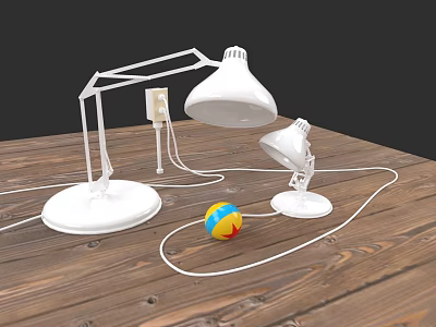White Table Lamps Placed On Wooden Table With Colorful Striped Ball 3d model