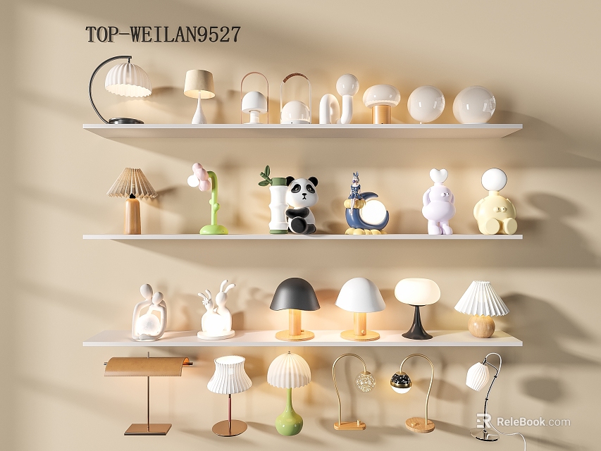 Decorative Table Lamps With Diverse Designs And Styles On Display Shelf For Home Decor 3d model 