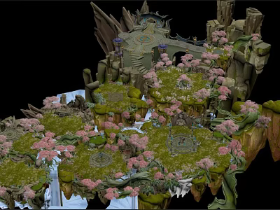 Ancient Architecture with Lush Green Grass Pink Flowers and Intricate Stone Structures 3d model
