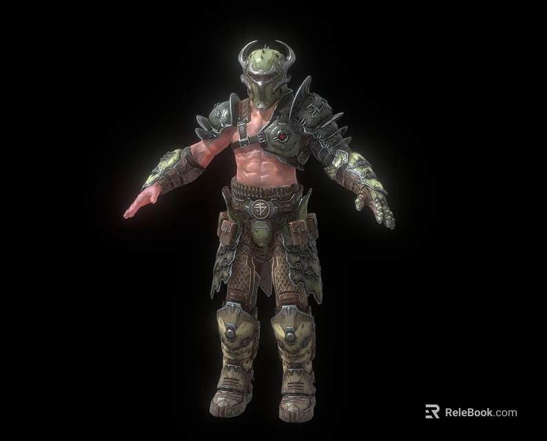 Game Movie Fantasy Warrior Character With Shirtless Torso Horned Helmet Armored Gauntlets And Leg Plates 3d model 