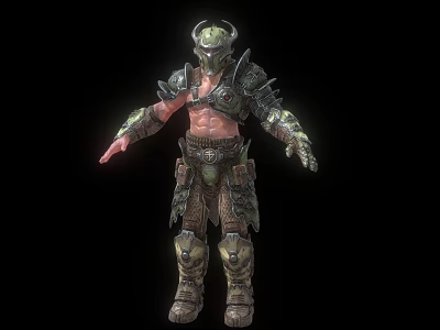 Game Movie Fantasy Warrior Character With Shirtless Torso Horned Helmet Armored Gauntlets And Leg Plates 3d model