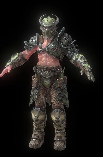 Game Movie Fantasy Warrior Character With Shirtless Torso Horned Helmet Armored Gauntlets And Leg Plates 3d model