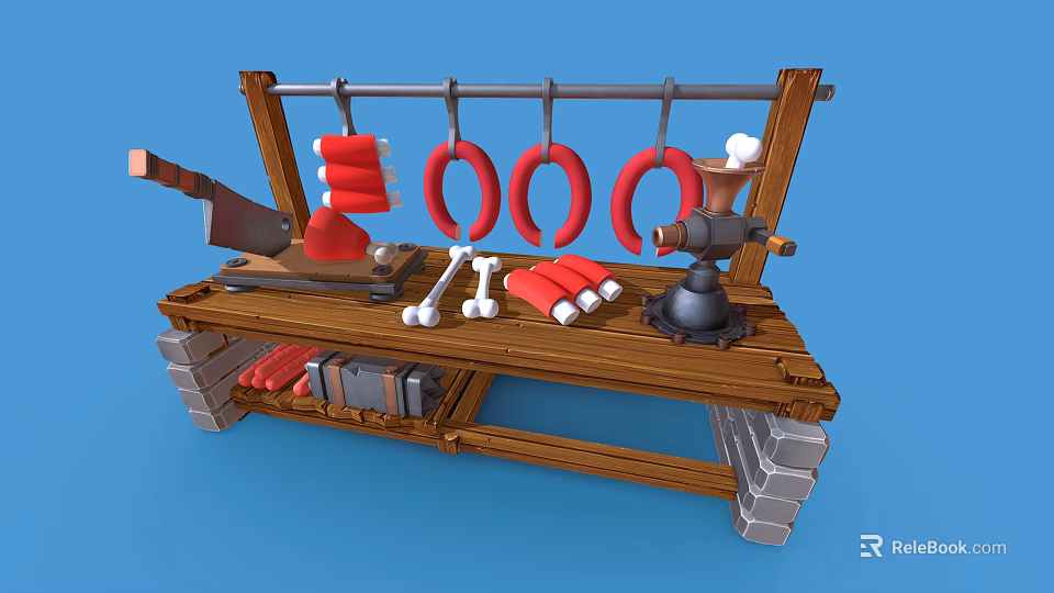 Rustic Butcher Shop Scene With Wooden Workbench Hanging Red Sausages Bones And Cleaver 3d model 