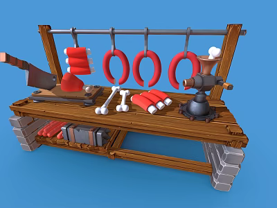 Rustic Butcher Shop Scene With Wooden Workbench Hanging Red Sausages Bones And Cleaver 3d model