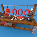 Rustic Butcher Shop Scene With Wooden Workbench Hanging Red Sausages Bones And Cleaver