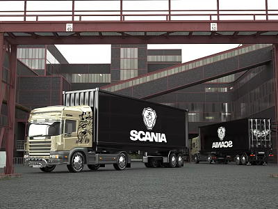 Two Scania Trucks With Black Containers And Lion Logo Parked Near Industrial Buildings 3d model
