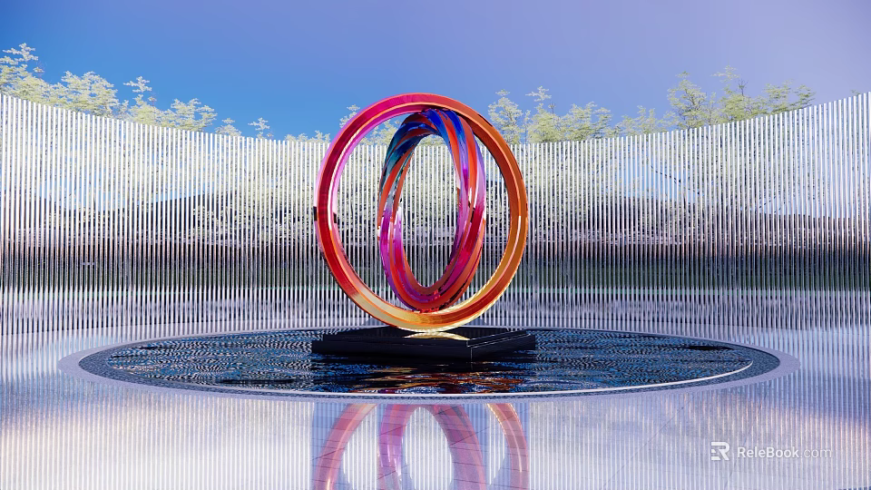 Colorful Circular Sculpture with Red Pink Blue Rings in Water with Reflection and Tree Background 3d model 