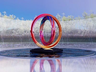Colorful Circular Sculpture with Red Pink Blue Rings in Water with Reflection and Tree Background 3d model