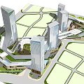 Modern Urban Office Buildings With Glass Curtain Walls And Green Spaces