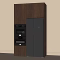 Dark Gray Double Door Refrigerator In Modern Kitchen With Wooden Cabinets And Oven