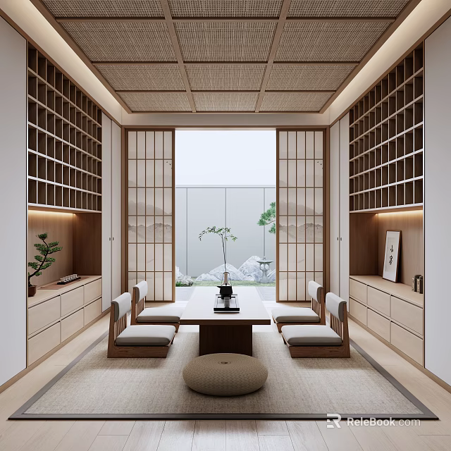 Traditional Japanese Tea Room Interior With Shoji Doors Bookshelves And Tea Set 3d model 