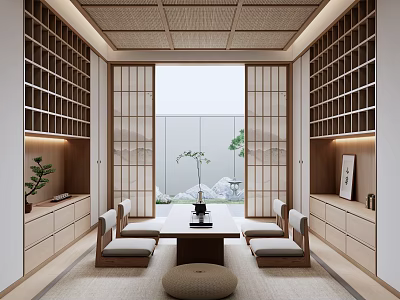 Traditional Japanese Tea Room Interior With Shoji Doors Bookshelves And Tea Set 3d model