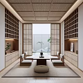 Traditional Japanese Tea Room Interior With Shoji Doors Bookshelves And Tea Set