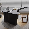 Modern Black Irregular Desk With Wooden Chair Laptop Book And Window Blinds In Interior