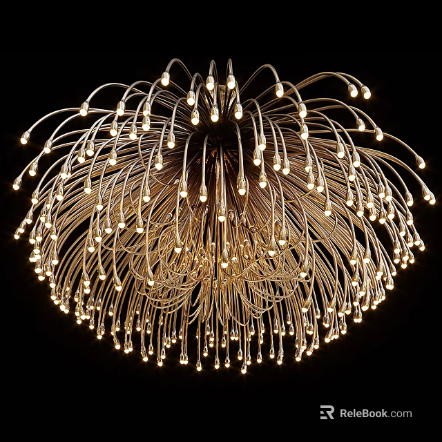 Artistic Modern Ceiling Light Featuring Slender Metal Wires and Warm Glowing Bulbs in Firework Shape 3d model 