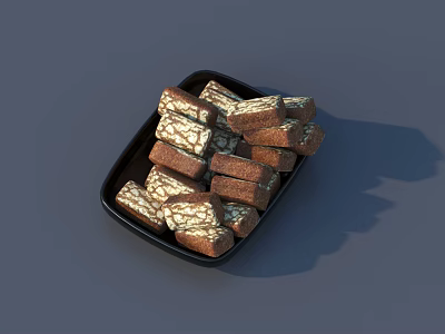 Delicious Square Desserts With White And Brown Patterns On Black Plate 3d model