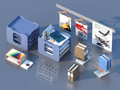 Desk Organizing Supplies With Blue Storage Boxes Colored Pencils File Folders And Racks 3d model