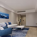 Modern Hotel Room Interior with Sofa Blue Cushions Wooden Floor and Night View