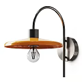 Modern Black Wall Lamp With Curved Arm Round Shade And Transparent Bulb Emitting Warm Light